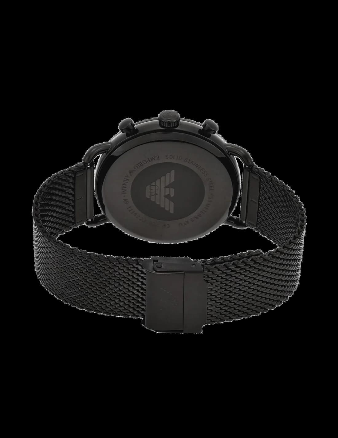 Gros plan sur le cadran noir de la Emporio Armani AR11142