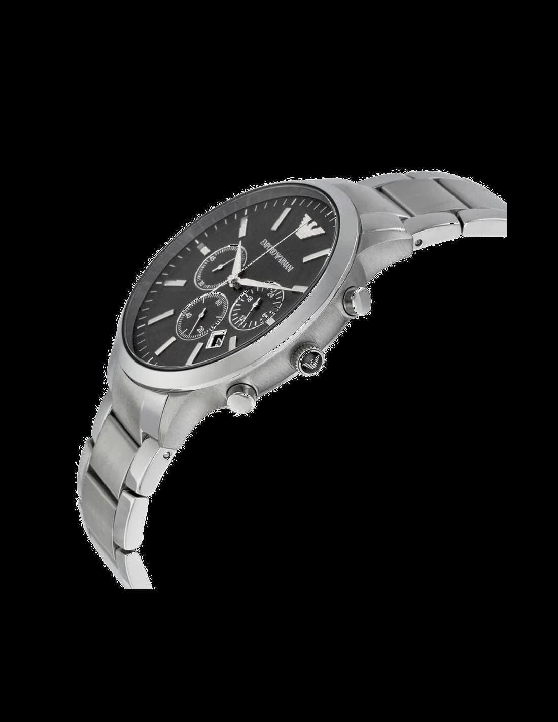 Gros plan sur le cadran noir de la Emporio Armani AR2460