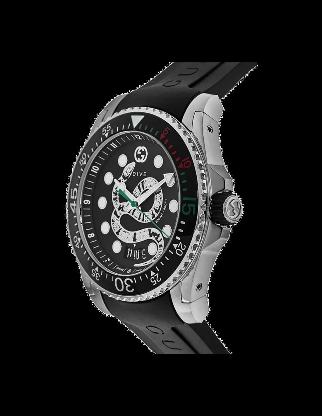 Gros plan sur le cadran noir de la Gucci YA136217