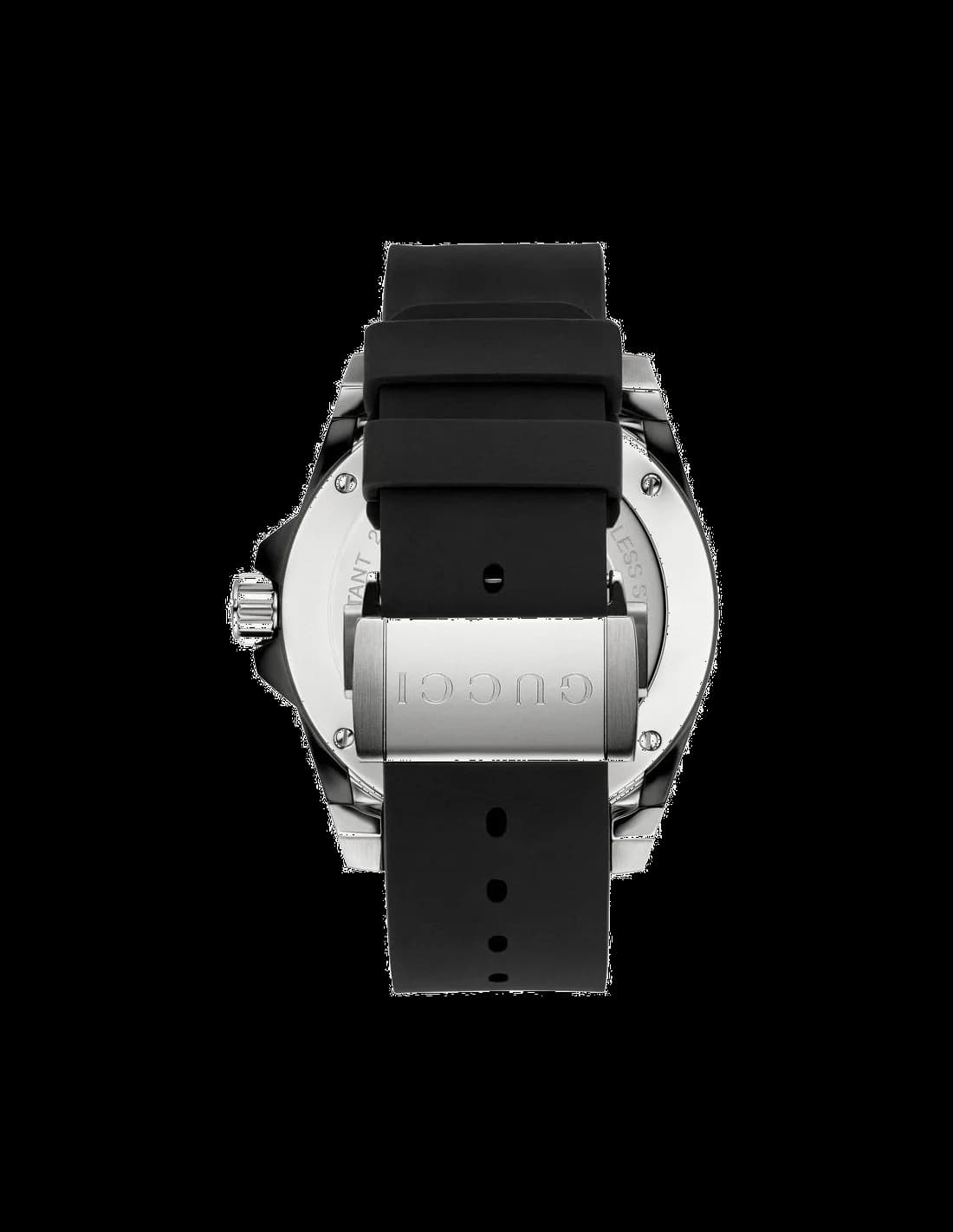 Gros plan sur le cadran noir de la Gucci YA136204