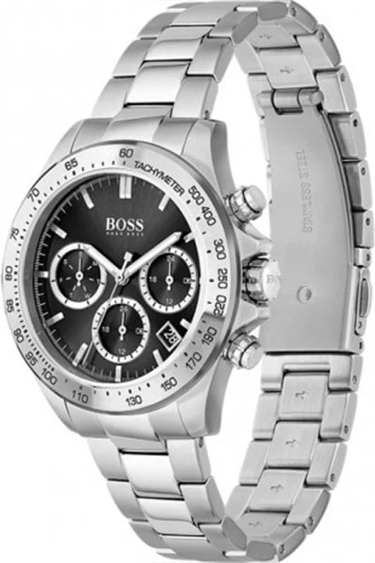 Gros plan sur le cadran noir de la Hugo Boss 1502614