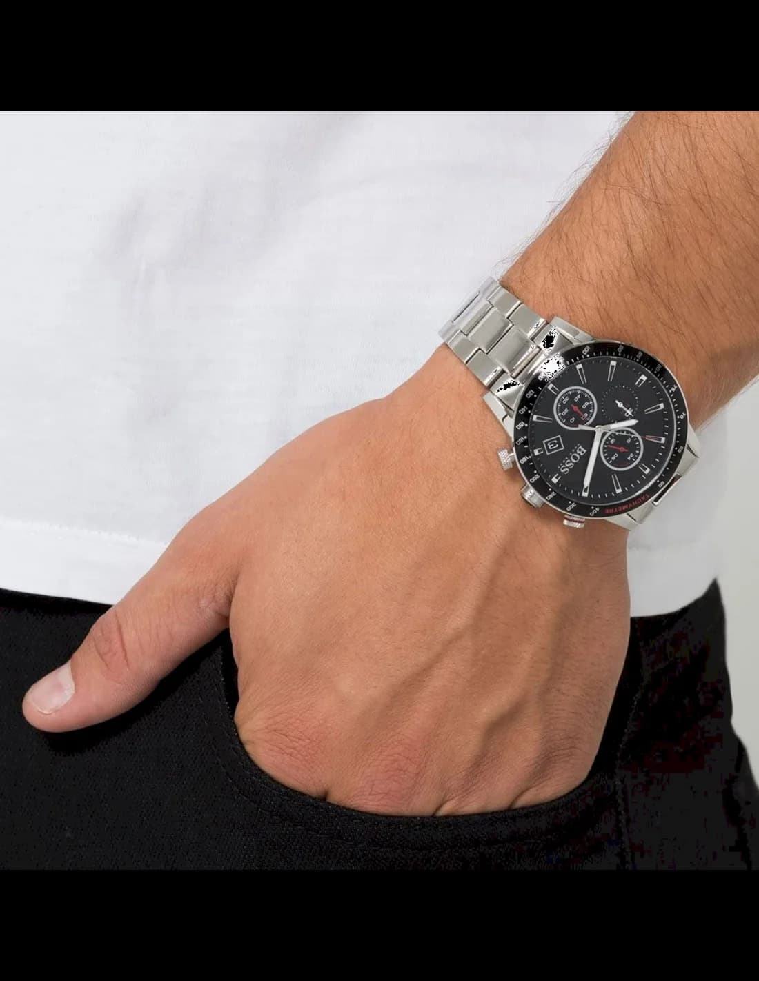 Montre Hugo Boss 1513509 en Acier Argenté avec Cadran Noir et Rouge vue 5