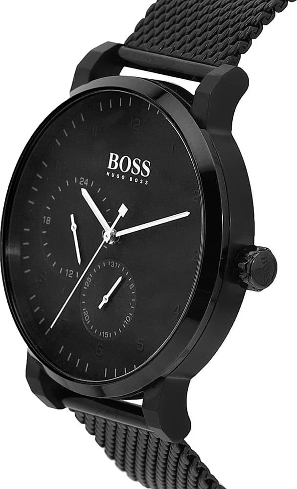 Gros plan sur le cadran noir de la Hugo Boss 1513636