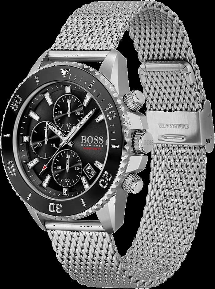 Gros plan sur le cadran noir de la Hugo Boss 1513701