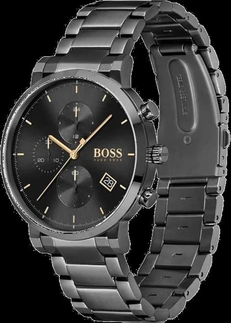Gros plan sur le cadran noir de la Hugo Boss 1513780
