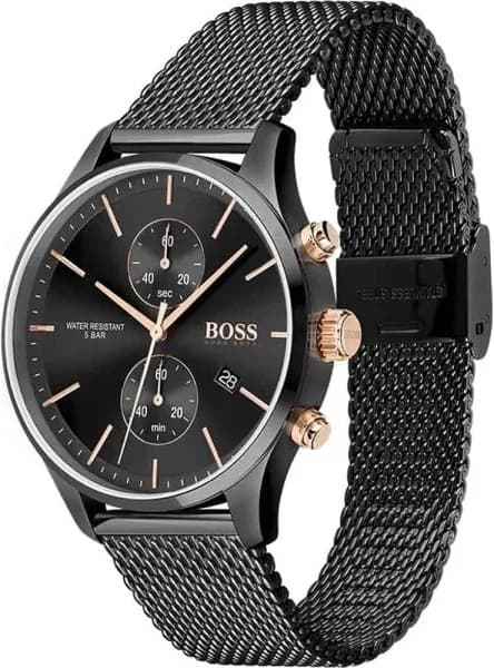 Gros plan sur le cadran noir de la Hugo Boss 1513811
