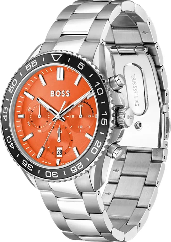 Gros plan sur le cadran orange de la Hugo Boss 1514162