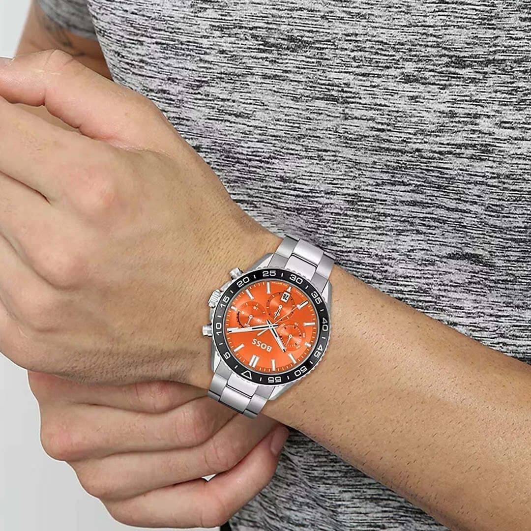 Hugo Boss Runner 1514162 Stainless Steel Silver Orange Dial Men's Watch vue 6