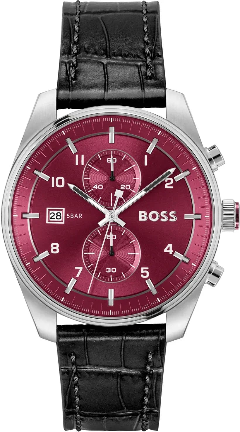 Hugo Boss 1514193 Skytraveller Red Dial and Black Croco-Effect Leather Watch vue 2