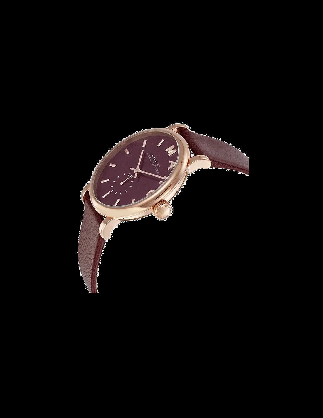 Gros plan sur le cadran bordeaux de la Marc Jacobs MBM1267