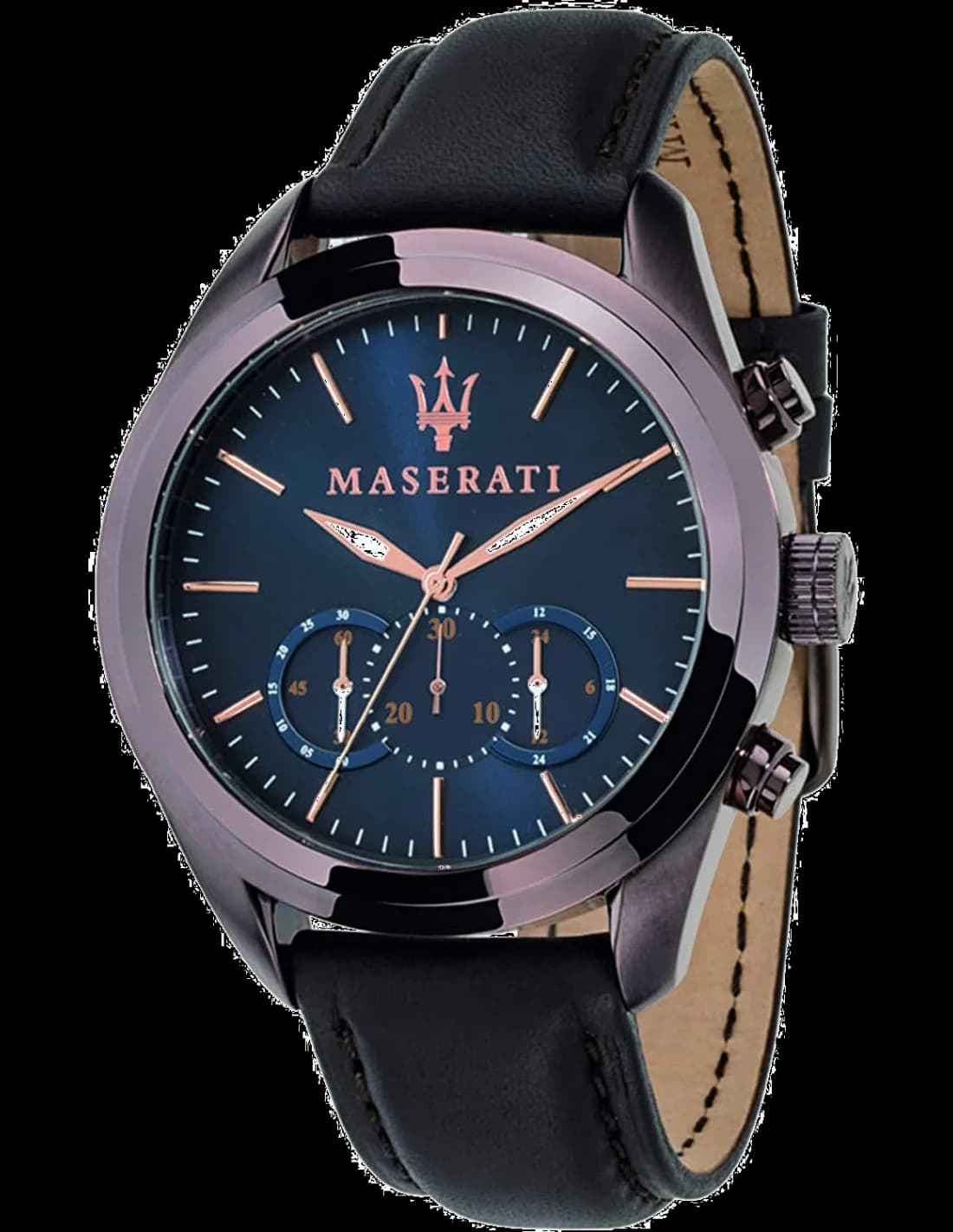 Maserati R8871612008 vue de côté, bracelet cuir