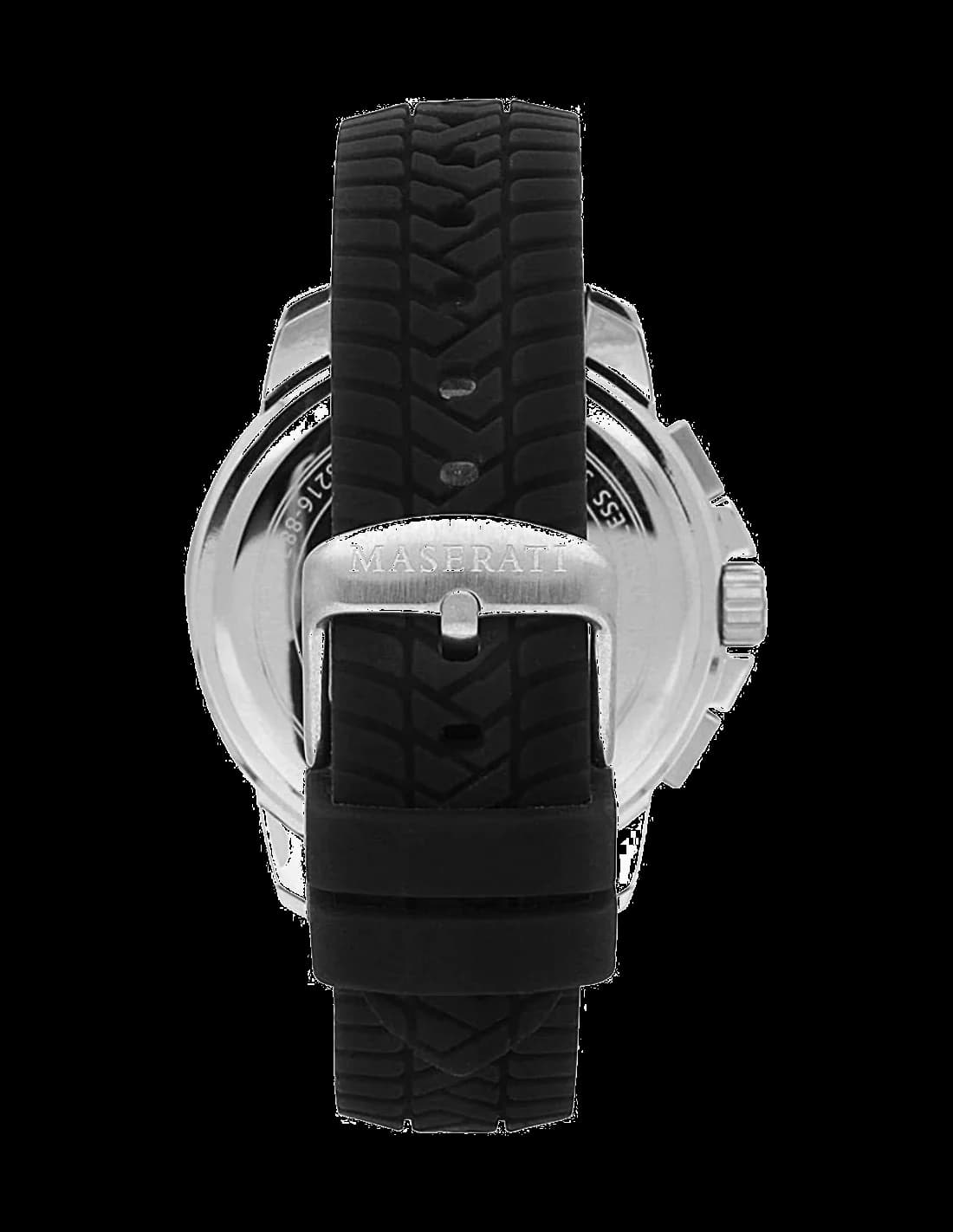 Gros plan sur le cadran noir de la Maserati R8871621014