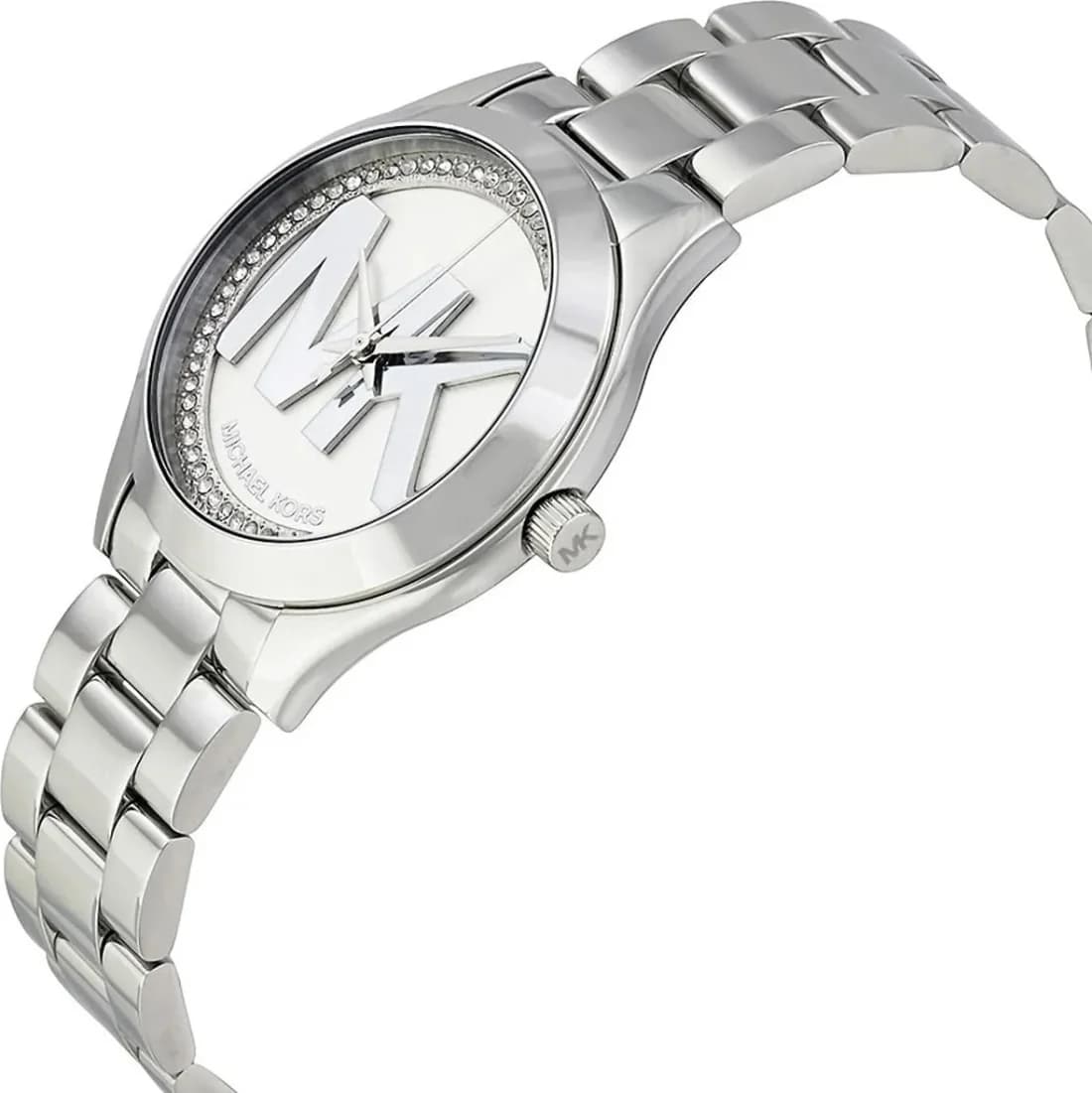 Gros plan sur le cadran argent de la Michael Kors MK3548