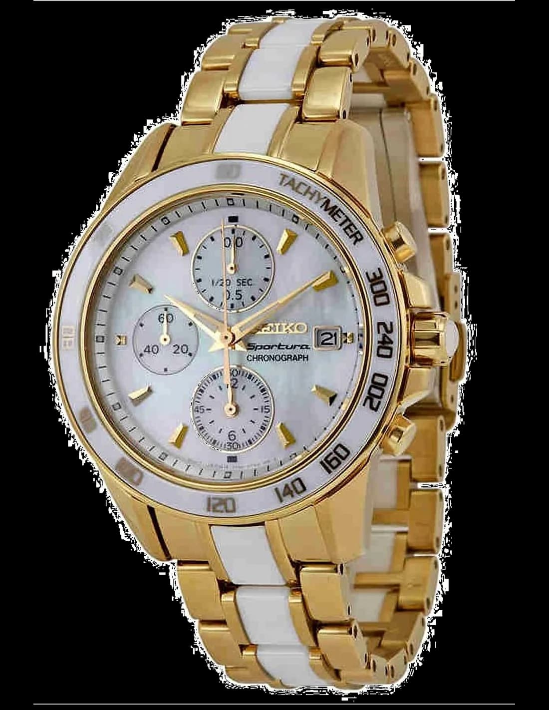 Seiko SNDX02P1 Sportura Gold and White Women's Watch with Tachymeter vue 2