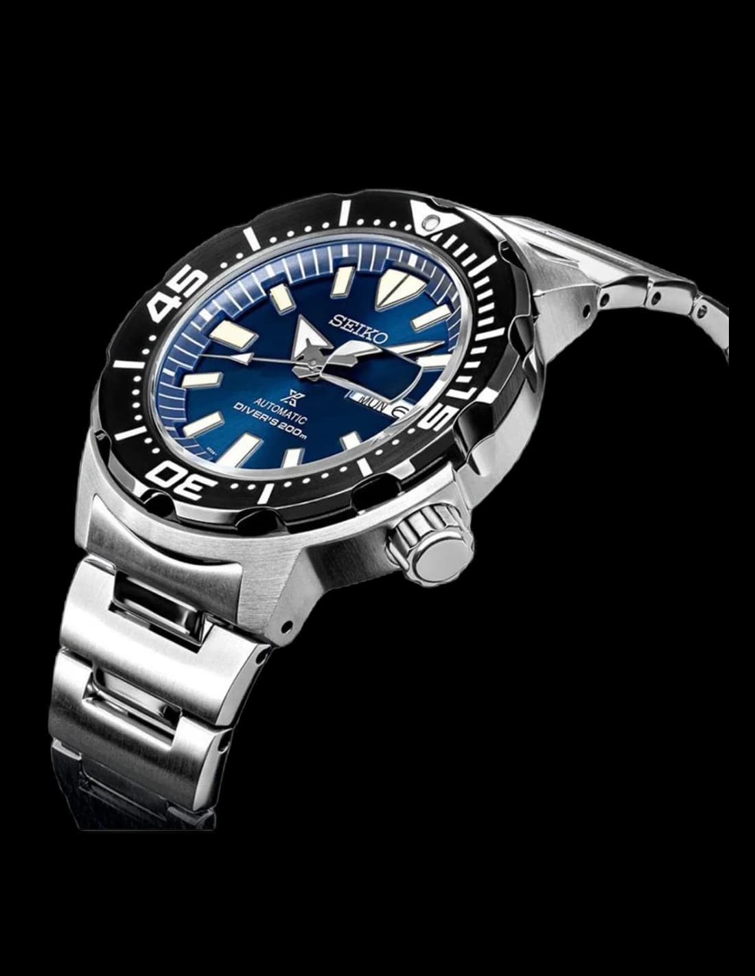 Gros plan sur le cadran bleu de la Seiko SRPD25K1