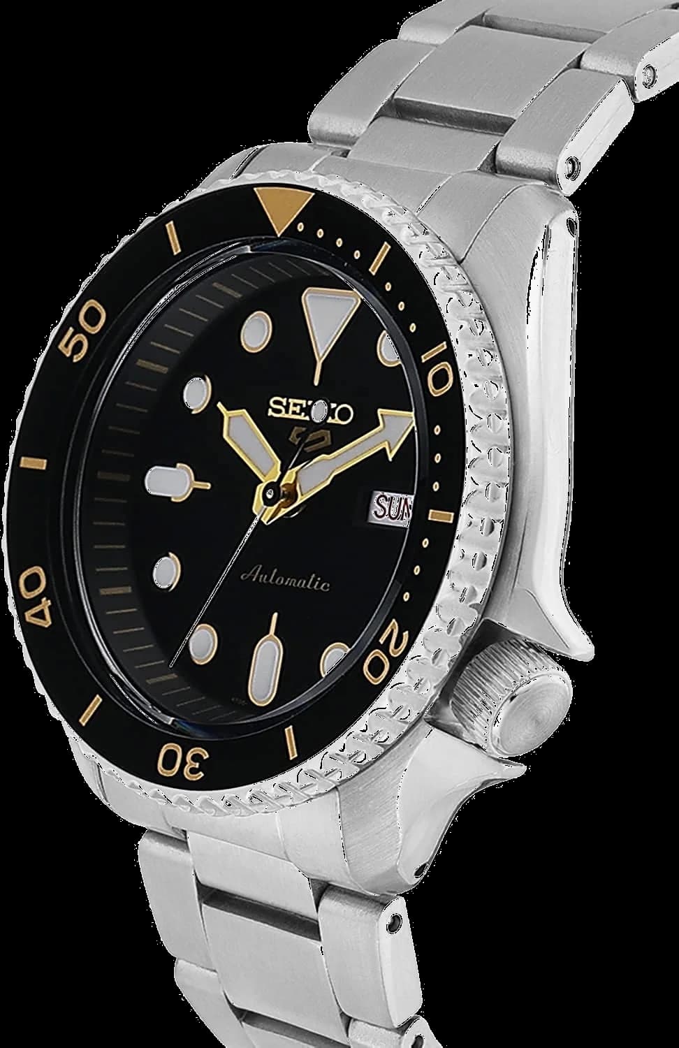 Gros plan sur le cadran noir de la Seiko SRPD57K1