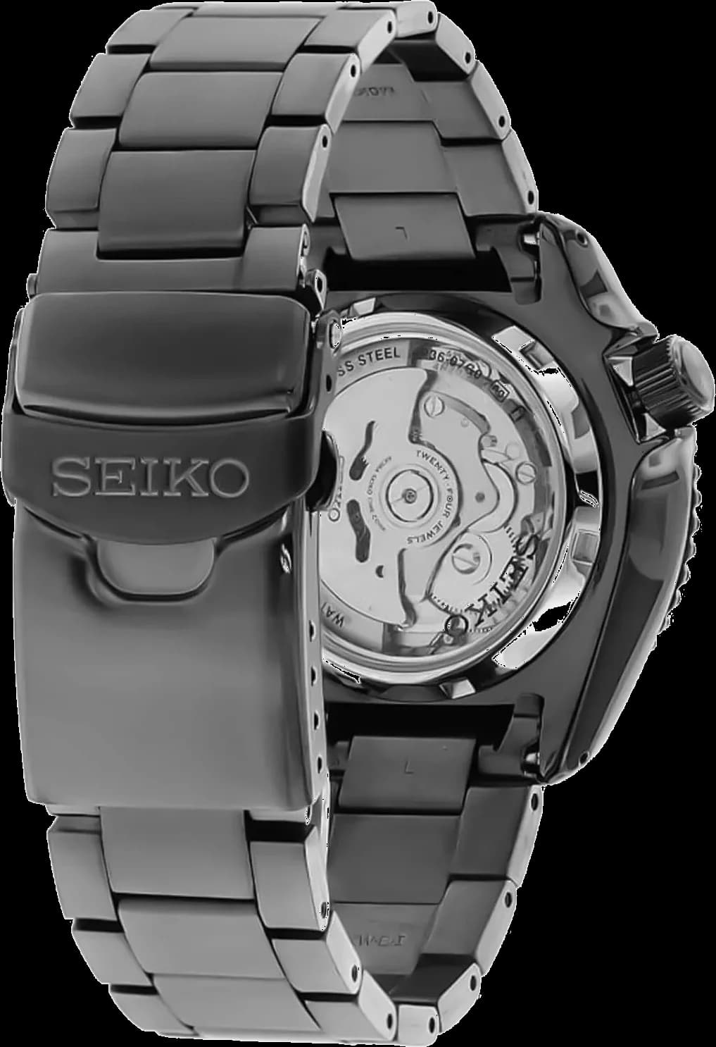 Gros plan sur le cadran noir de la Seiko SRPD65K1