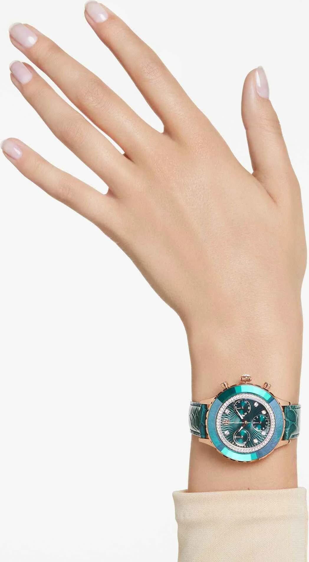 Swarovski Octea Lux Chrono 5672931 Green Leather Strap Rose Gold Finish Watch vue 9