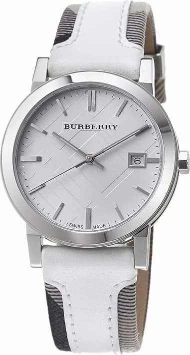 Burberry BU9019 montre homme, cadran argenté bracelet cuir blanc