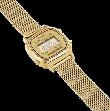 Casio LA670WEMY-9EF vue de côté, bracelet acier