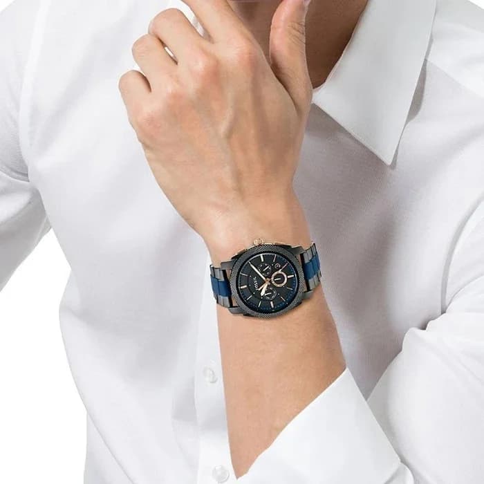 Montre Fossil FS5164 en acier bicolore bleu et noir vue 5