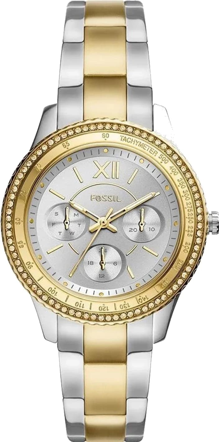 Fossil Stella Sport ES5107, montre femme 37 mm cadran marron bracelet bicolore
