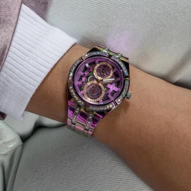 Guess Allara GW0604L4 Rainbow Stainless Steel Skeleton Dial Crystal Multifunction Women's Watch vue 6