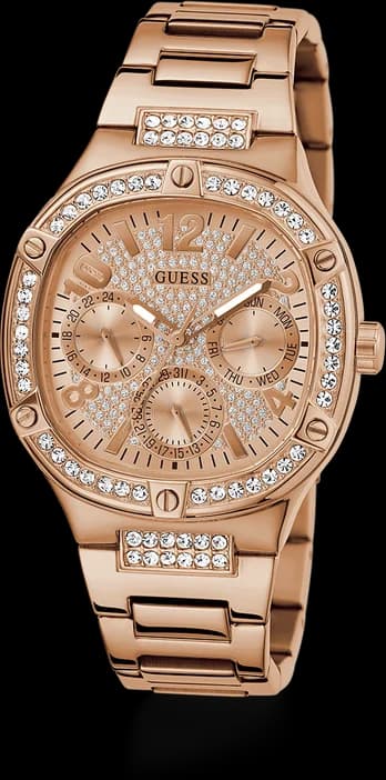 Gros plan sur le cadran or rose de la Guess GW0558L3