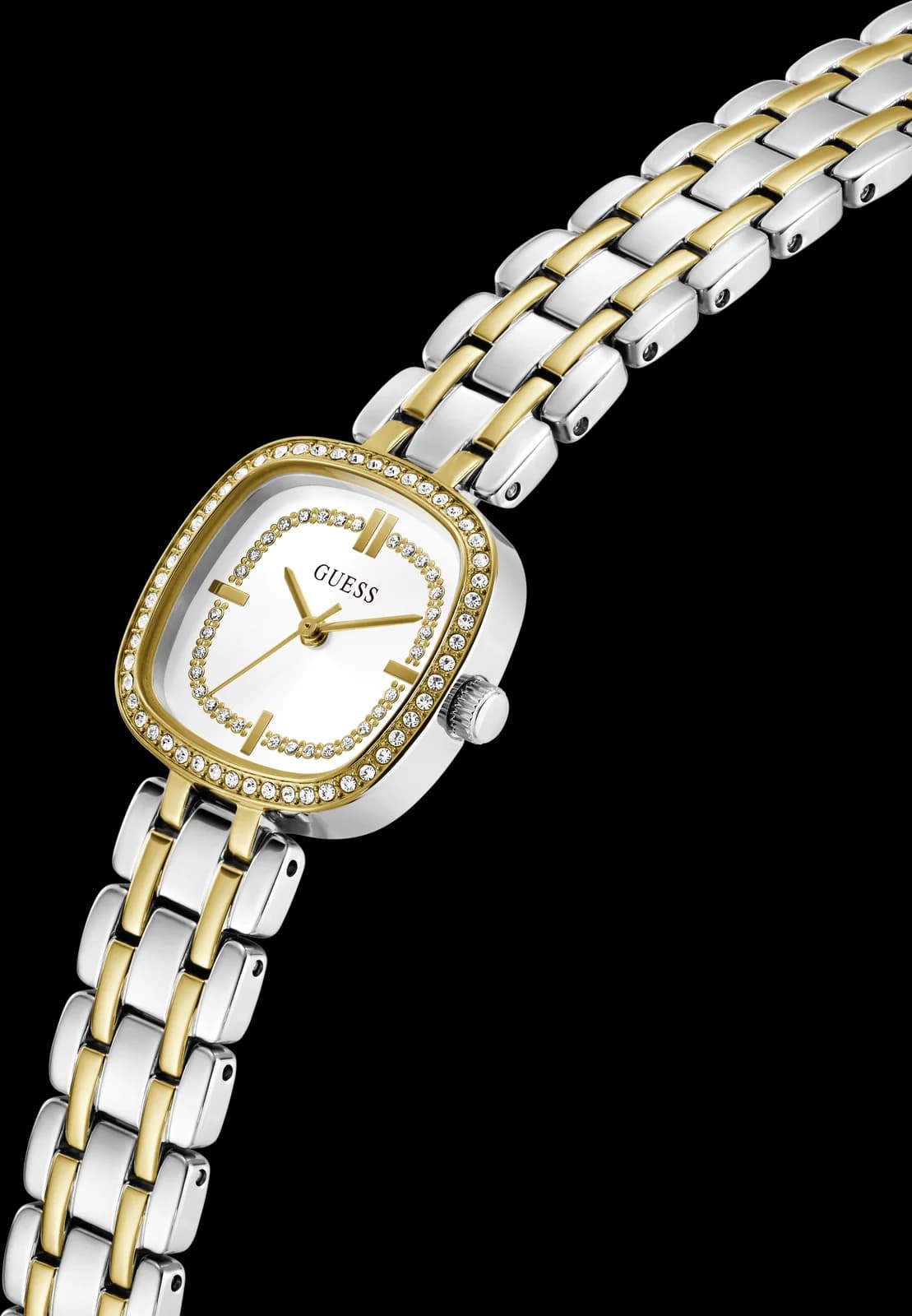 Montre Guess Hazel GW1018L3, détail du bracelet acier bicolore