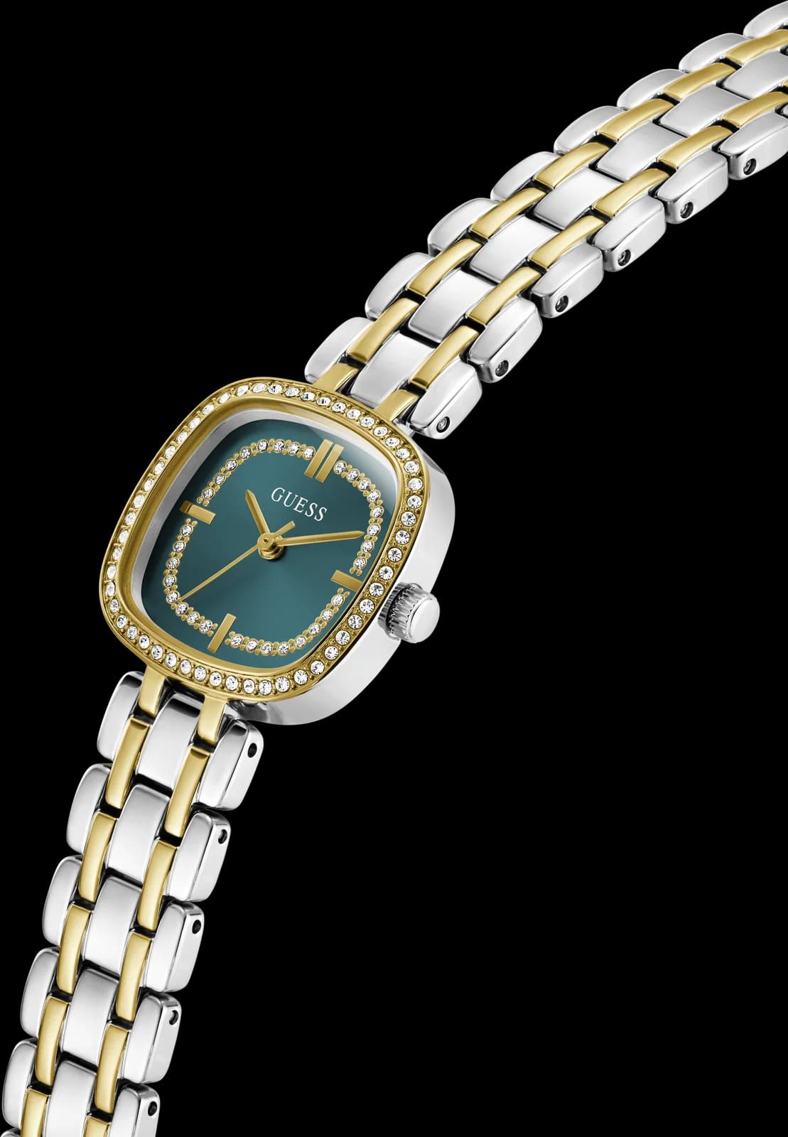 Montre Guess Hazel GW1018L6, détail du bracelet acier bicolore