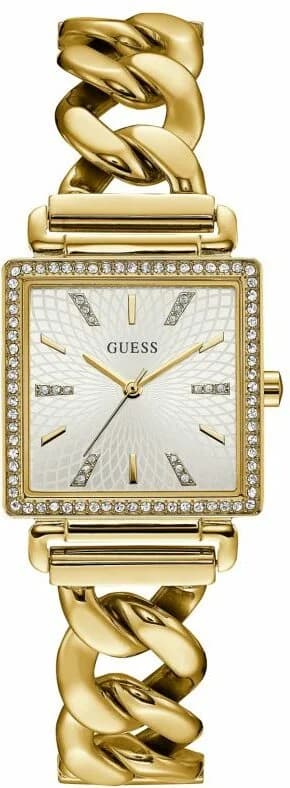 Guess W1030L2 montre femme, boitier carré acier doré cristaux, cadran blanc