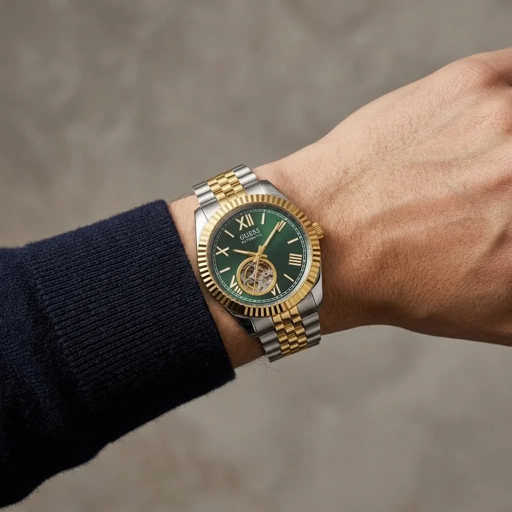 Guess Connoisseur GW0984G4, mouvement visible et cadran vert, allure bicolore affirmée vue 5