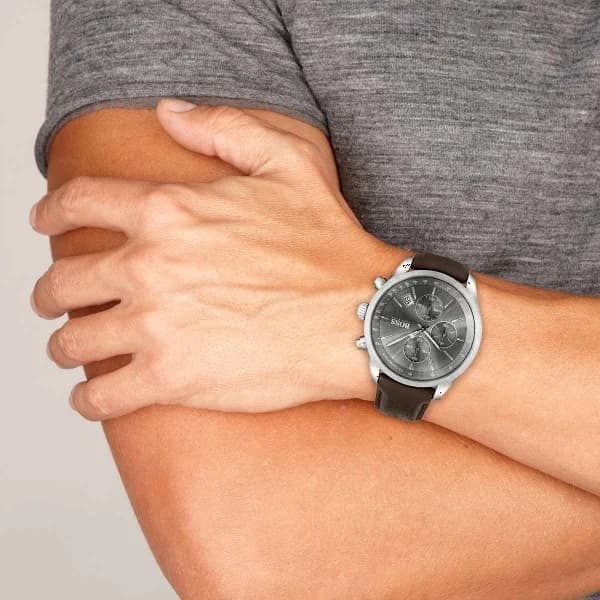 Montre Hugo Boss 1513476 avec Bracelet en Cuir Marron et Boîtier Acier vue 4