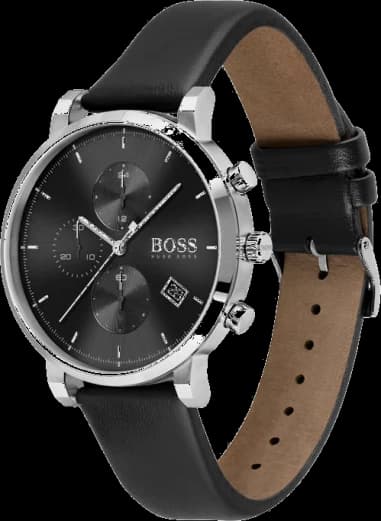 Gros plan sur le cadran noir de la Hugo Boss 1513777