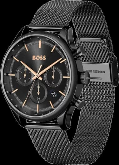 Gros plan sur le cadran noir de la Hugo Boss 1514065