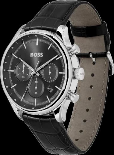 Gros plan sur le cadran noir de la Hugo Boss 1514049