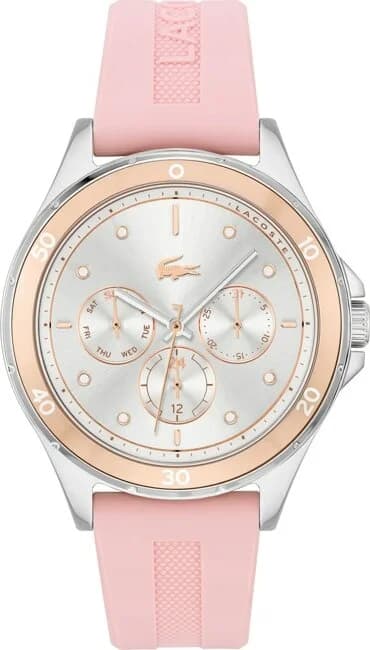 Lacoste 2001245 montre femme, cadran argent avec détails multifonctions bracelet silicone rose