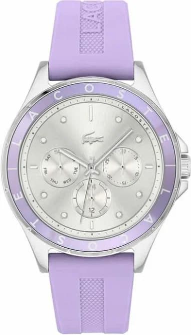 Lacoste 2001300 montre femme, cadran argent avec détails multifonctions bracelet silicone lilas