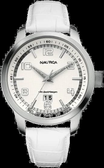 Nautica A13559G montre homme, cadran blanc, bracelet cuir blanc
