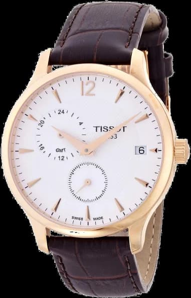 Montre Tissot T0636393603700 Tradition GMT avec Bracelet en Cuir Brun et Finition Or Rose