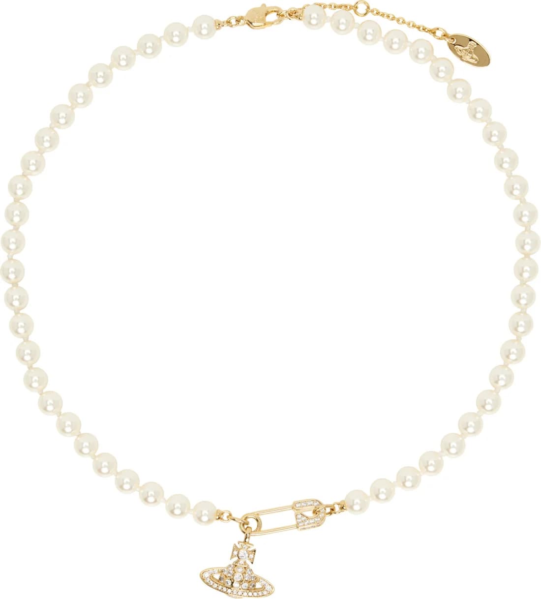 Collier Lucrece Vivienne Westwood épingle à nourice dorée a perles logo pavé de cristaux vue 3