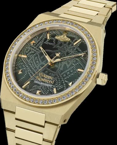 Gros plan sur le cadran vert de la Vivienne Westwood VV244GDGR