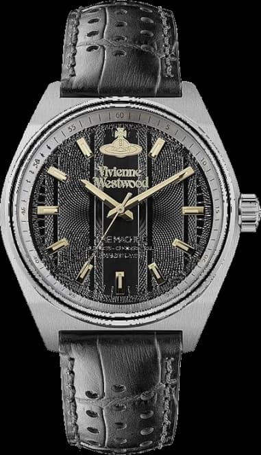 Vivienne Westwood VV251BKBK montre homme, au cadran noir sur bracelet cuir noir perforé