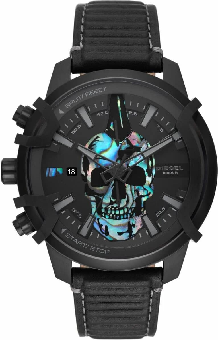 Diesel DZ4576 montre homme, cadran noir tête de mort, bracelet cuir