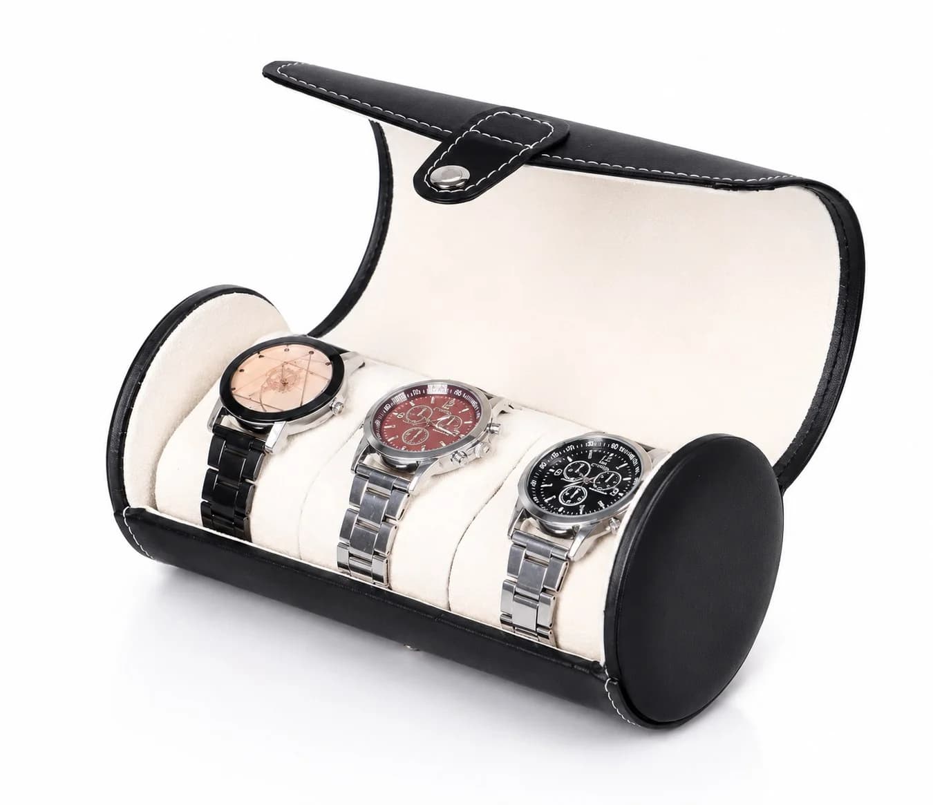 Étui Rouleau Cylindrique Voyager Noir 3 Montres, Watch Roll Simili-Cuir