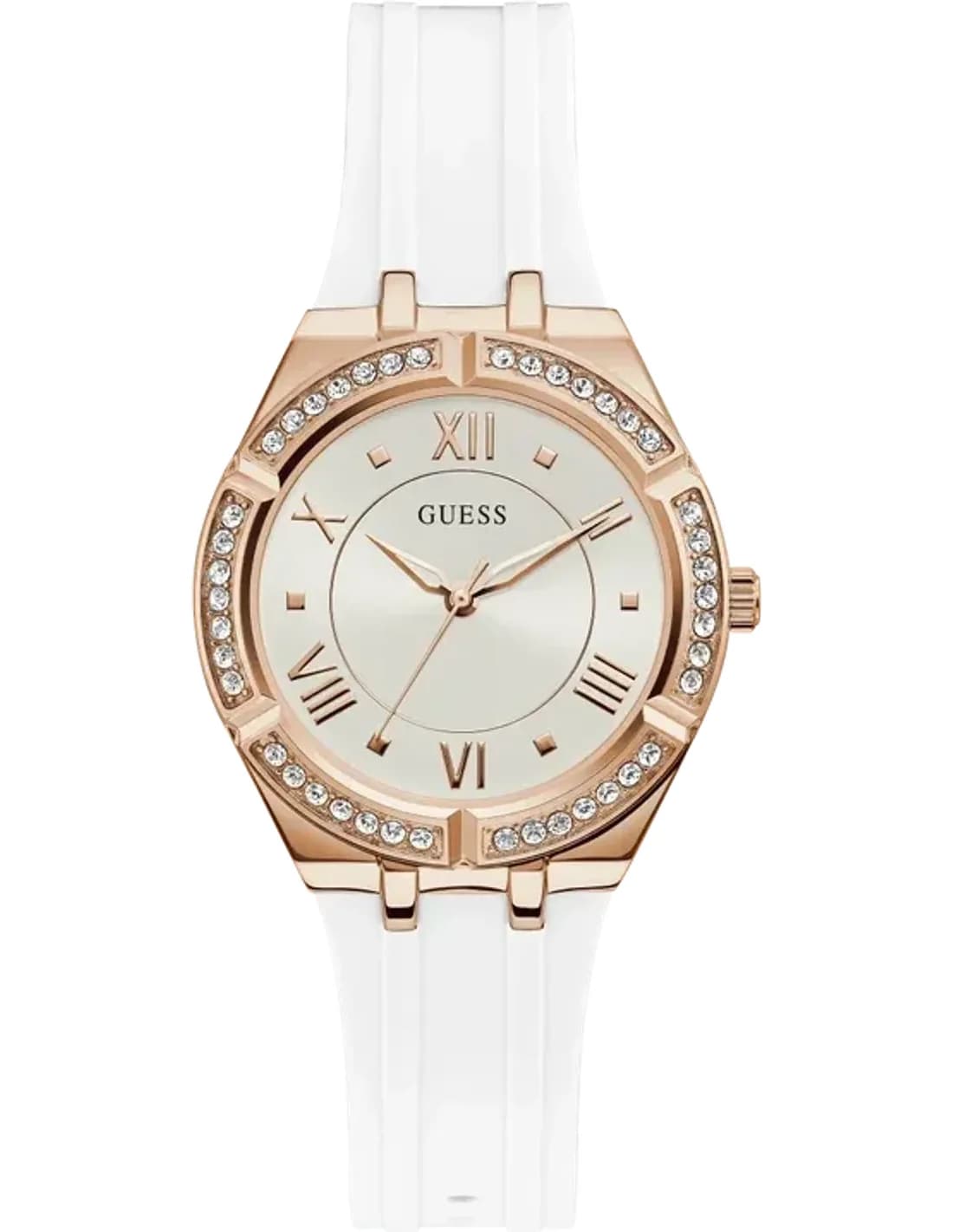 Guess GW0034L2 montre femme, cadran blanc, bracelet silicone blanc et or rose
