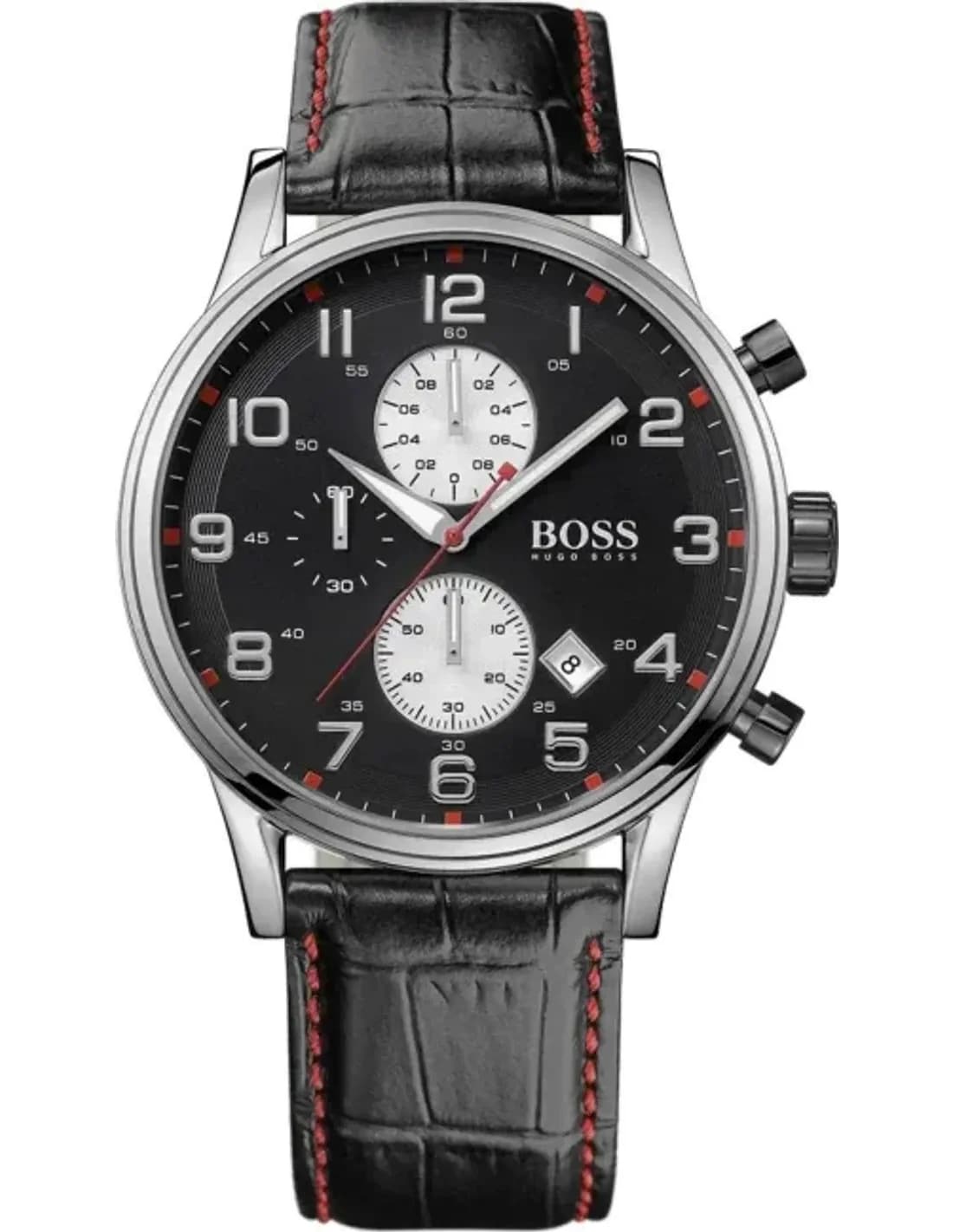 Montre Hugo Boss 1512631 Bracelet Cuir Croco Noir et Surpiqûres Rouges