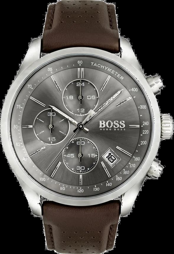 Hugo Boss 1513476 montre homme, boîtier acier, cadran gris, bracelet cuir marron