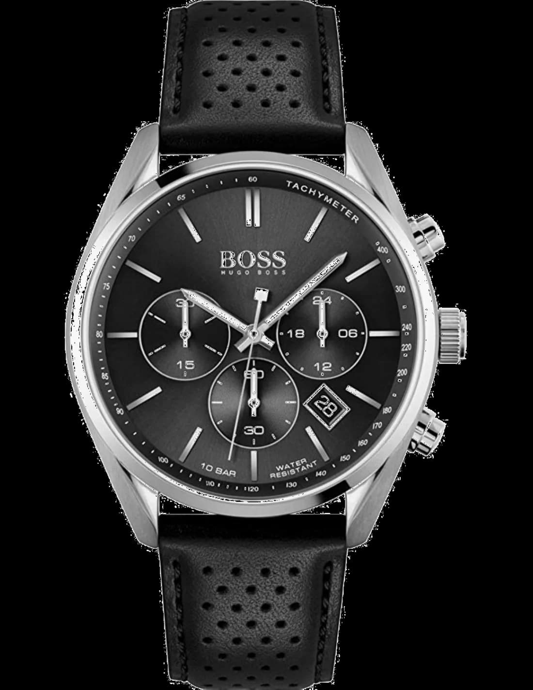 Hugo Boss 1513816 montre homme, bracelet cuir noir, cadran noir perforé