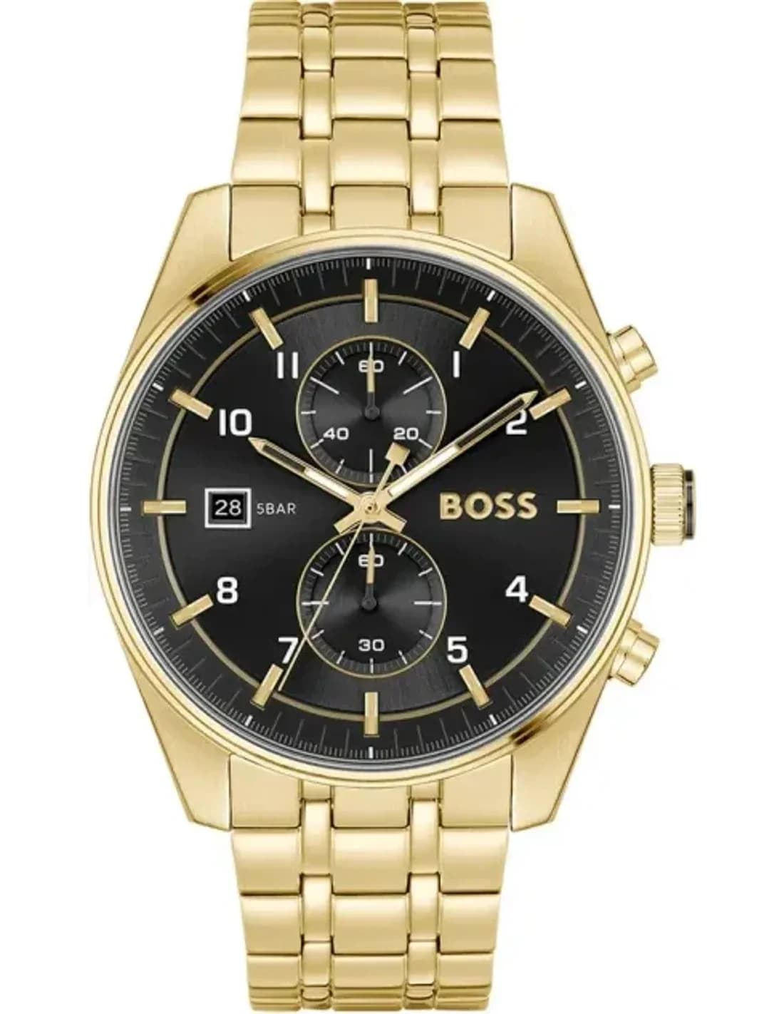 Hugo Boss 1514152 montre homme, Noir cadran, bracelet acier doré, Skytraveller
